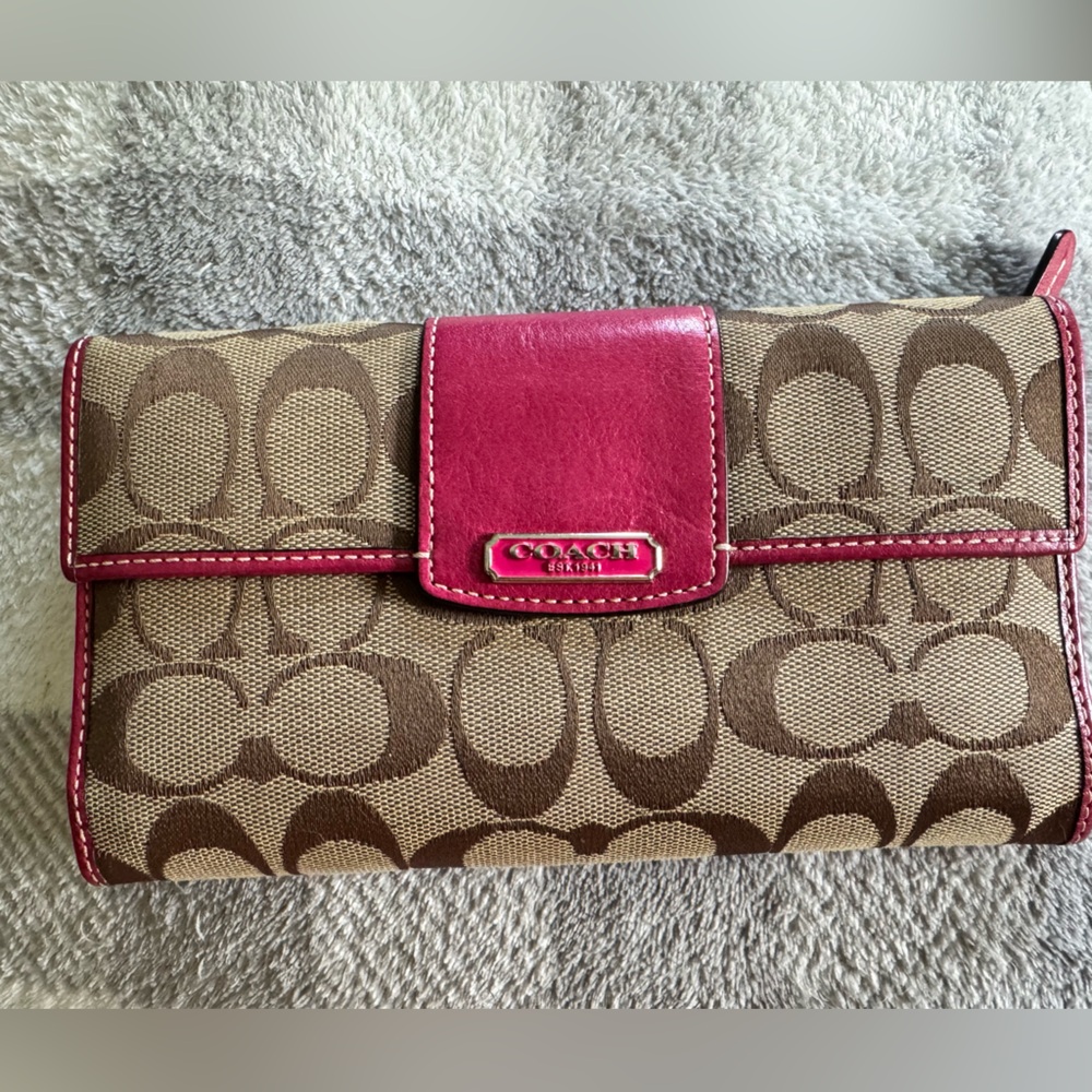 Coach Brown Canvas Wallet with Pink Accent